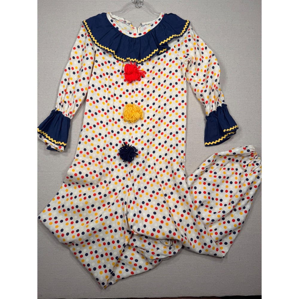 Vintage 1970's Handmade Clown Costume Jumpsuit Ruffle Pom Poms Multi Color